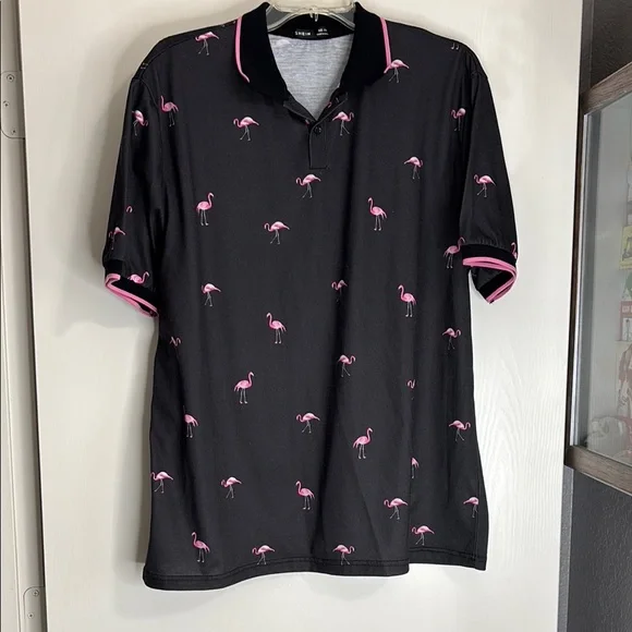 SHEIN Black and Pink Flamingo Polo Shirt - Picture 2 of 7